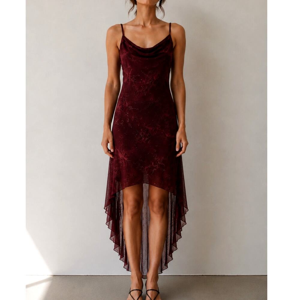 Vintage Y2K Taboo Burgundy Floral Glitter Cowl Neck Maxi Dress Fairycore Y2K-Med